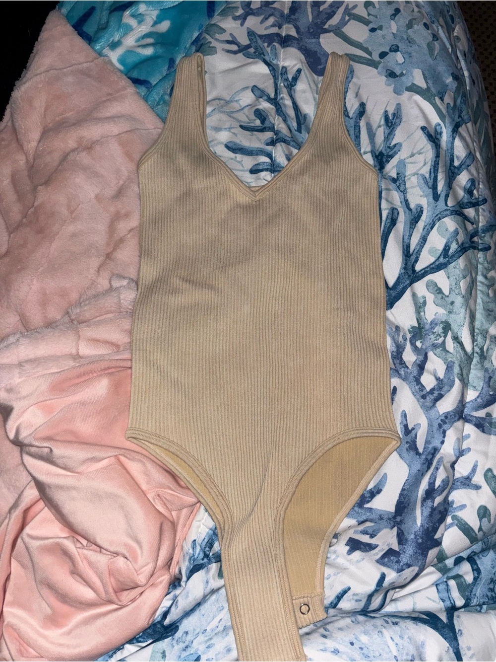 Aura Ribbed Beige V-Neck Bodysuit